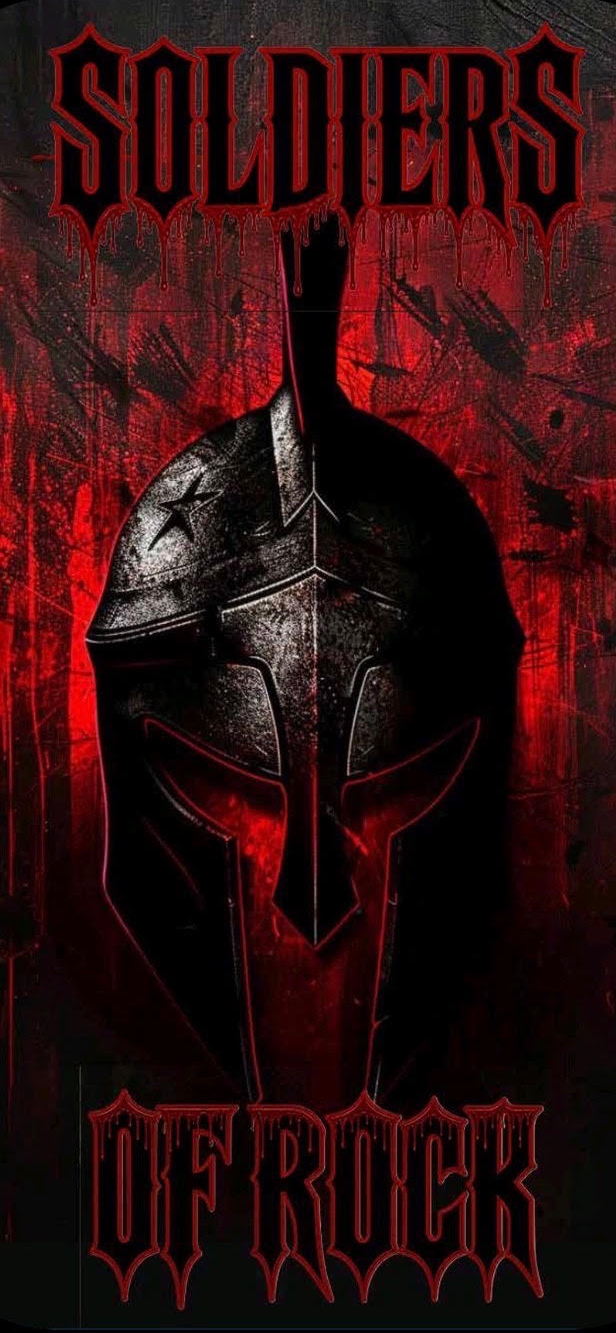 Soldiers of Rock logo — a battle-scarred Spartan helmet dripping in blood red